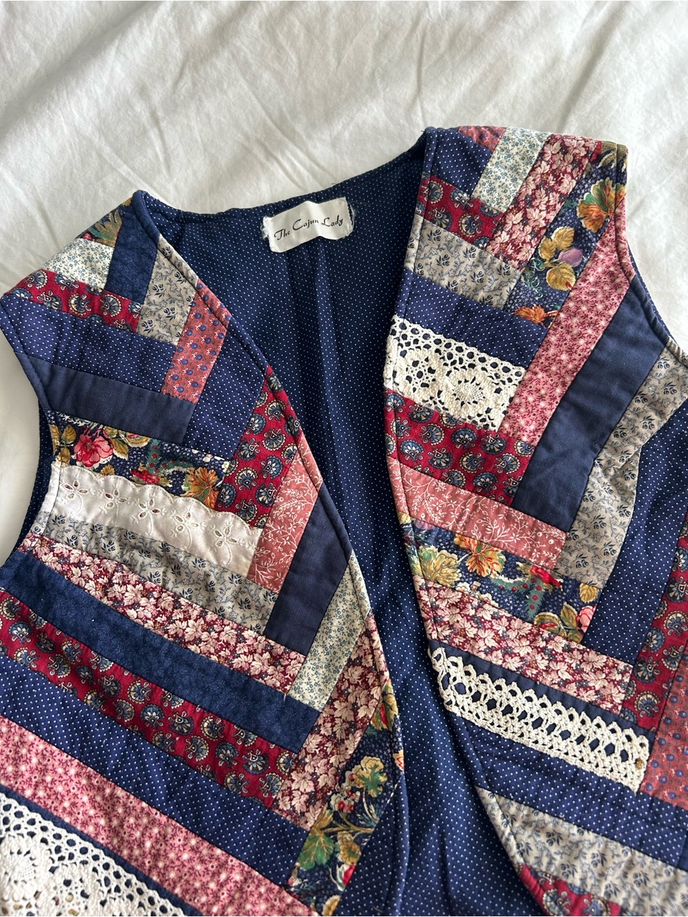 Patchwork Vintage Handmade Quilted Vest in Navy, Red, Cream Floral - Picture 2 of 9